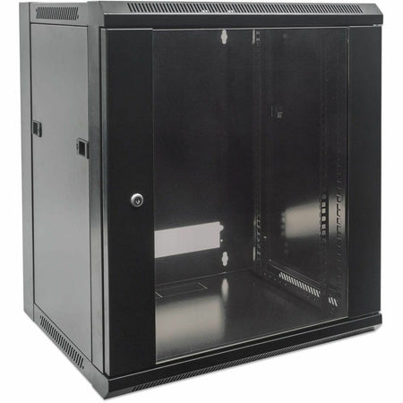 19" Network Cabinet - Wall Mount (Standard), 12U, 450mm Deep, Black, Flatpack, Max 60kg, Suitable also for use on desk or floor, Usable Depth 270mm to 350mm, Metal & Glass Door, Back Panel, Removeable Sides,Parts for wall installation not included - 711869