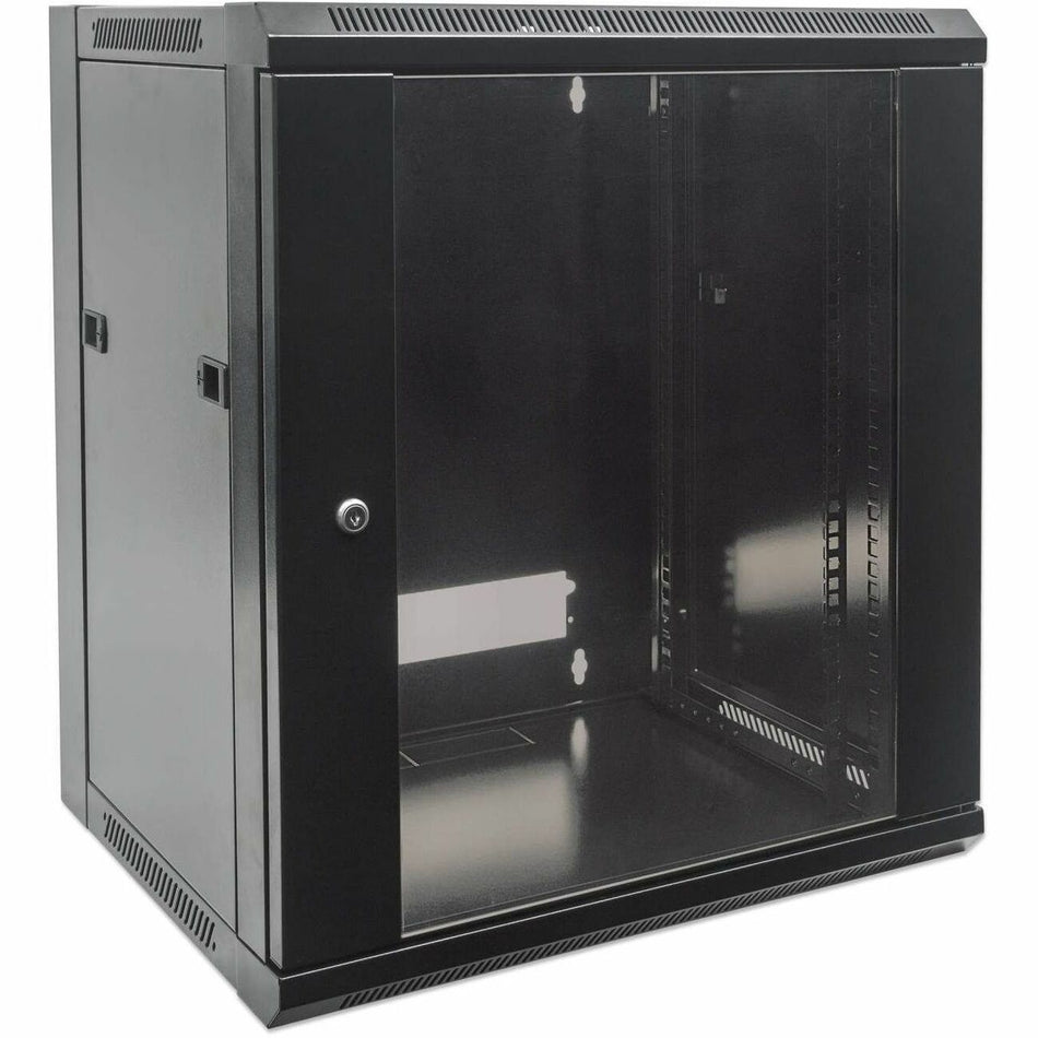 19" Network Cabinet - Wall Mount (Standard), 12U, 450mm Deep, Black, Flatpack, Max 60kg, Suitable also for use on desk or floor, Usable Depth 270mm to 350mm, Metal & Glass Door, Back Panel, Removeable Sides,Parts for wall installation not included - 711869