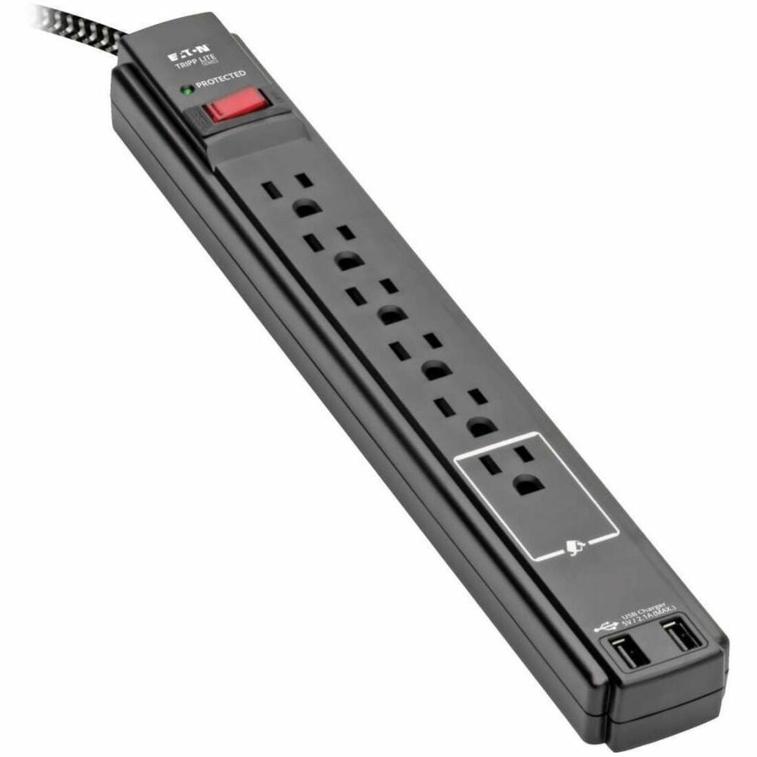 Eaton Tripp Lite Series Safe-IT 6-Outlet Surge Protector, 2 USB Charging Ports, 10 ft. Cord, 5-15P Plug, 990 Joules, Antimicrobial Protection, Black - TLP610BUAM