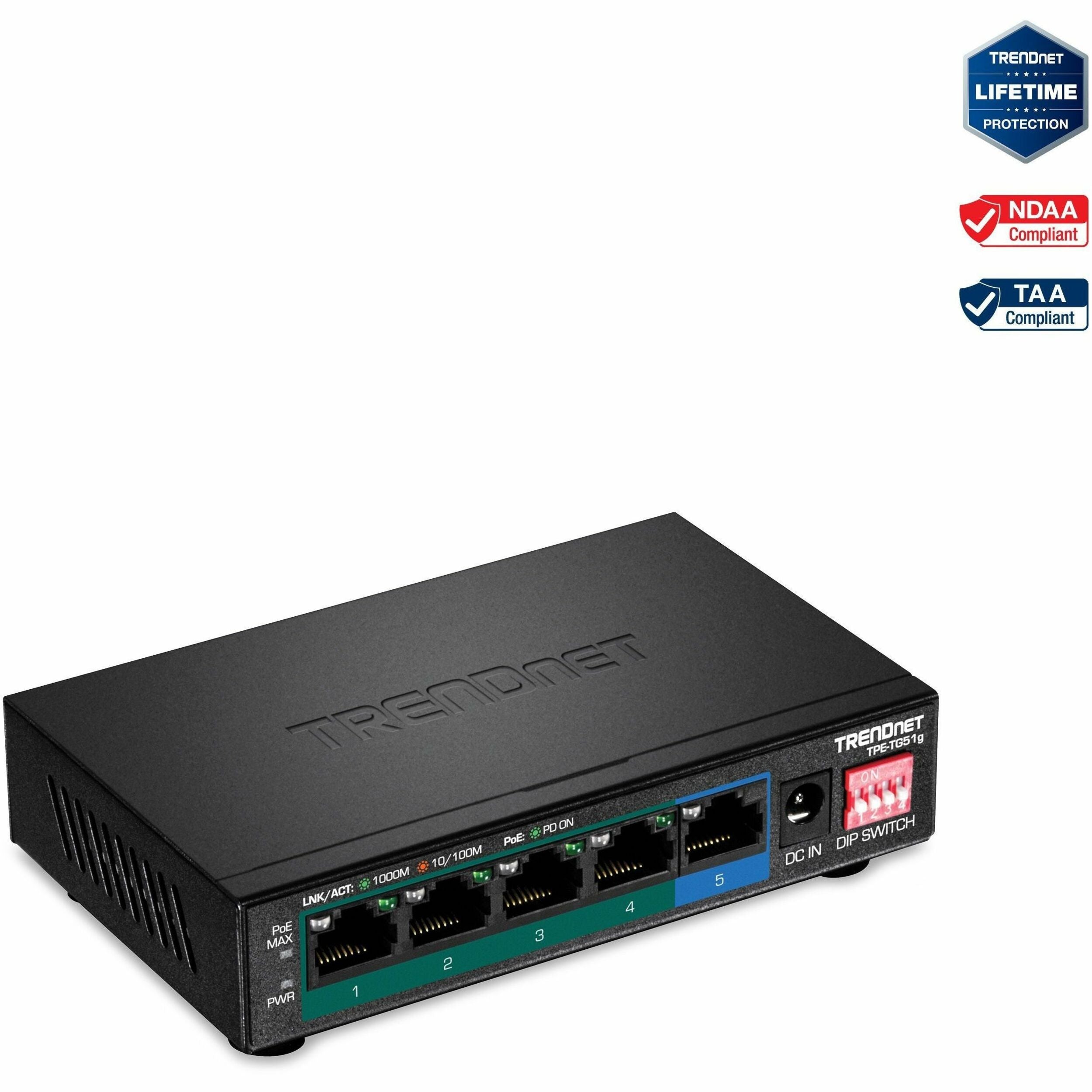TRENDnet 5-Port Gigabit PoE+ Switch, Camera DIP Switch extends PoE+ 200m (656 ft.), 60W PoE Budget, Black, TPE-TG51g - TPE-TG51g