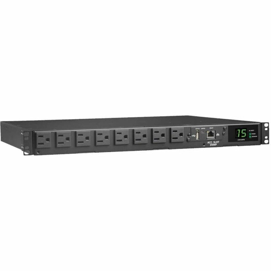 Eaton Tripp Lite Series 1.44kW 120V Single-Phase ATS/Monitored PDU - 8 NEMA 5-15R Outlets, Dual 5-15P Inputs, 12 ft. Cords, 1U, TAA - PDUMNH15AT1