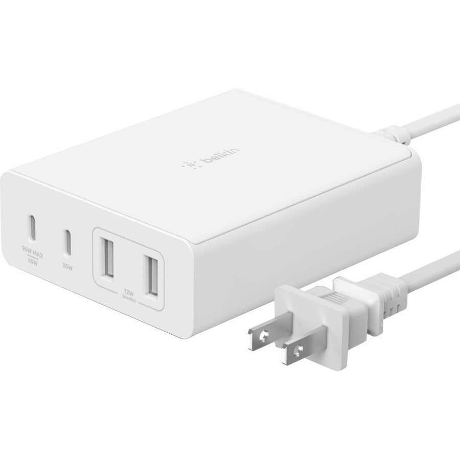 Belkin 108W 4-Port GaN Charger - 2xUSB-A, 2xUSB-C (108W Total) - 2m/6.6ft Power Cord - White - WCH010DQWH