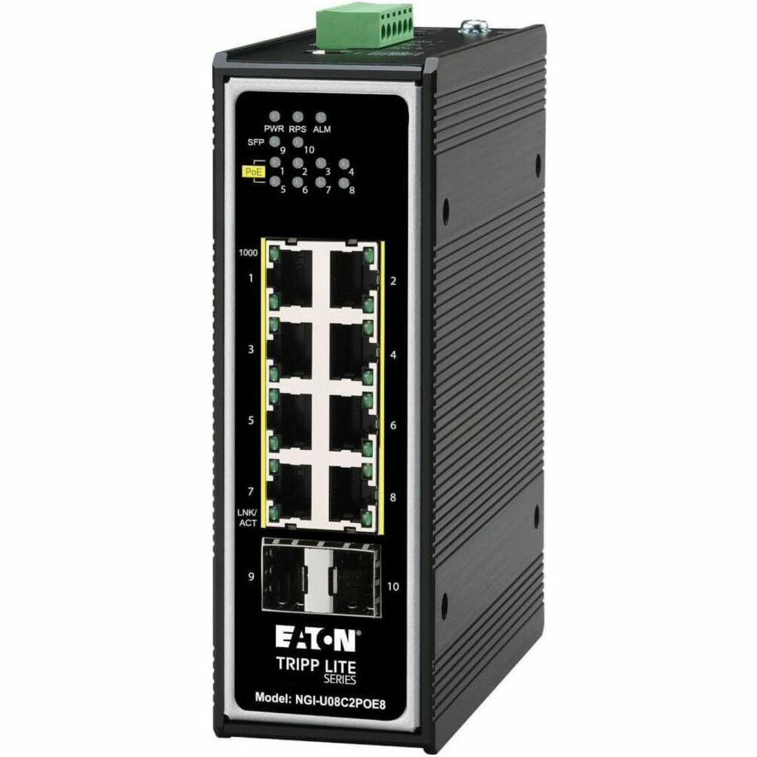 Eaton Tripp Lite Series 8-Port Unmanaged Industrial Gigabit Ethernet Switch - 10/100/1000 Mbps, PoE+ 30W, 2 GbE SFP Slots, -40&deg; to 75&deg;C, DIN Mount, TAA - NGI-U08C2POE8