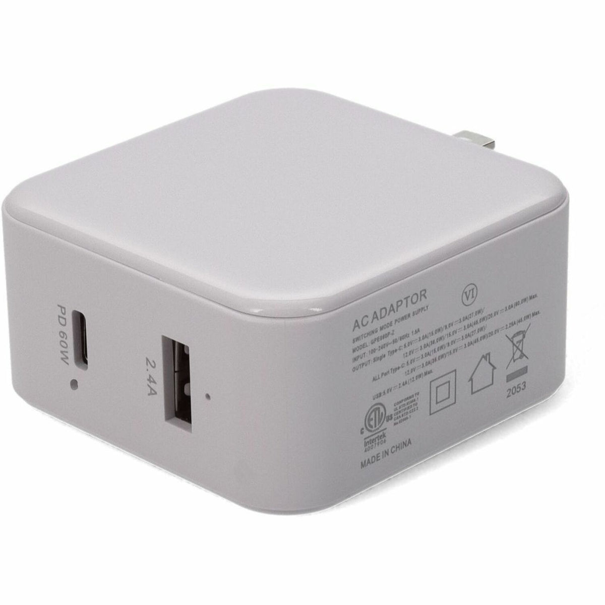 AddOn Wall Plug to USB C 3.1 15V at 3A, or 20V at 3A 60W total for US White - USAC2USB60WW