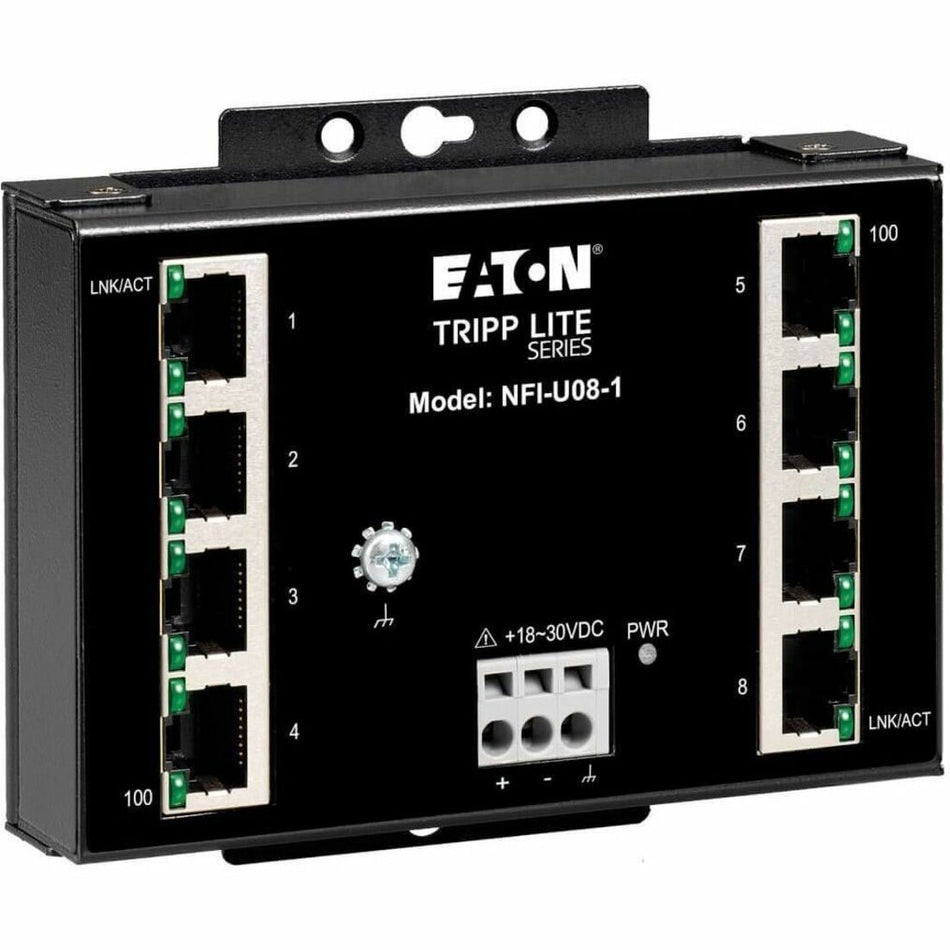 Eaton Tripp Lite Series 8-Port Unmanaged Fast Industrial Ethernet Switch - 10/100 Mbps, Ruggedized, -40&deg; to 75&deg;C, DIN/Wall Mount, TAA - NFI-U08-1