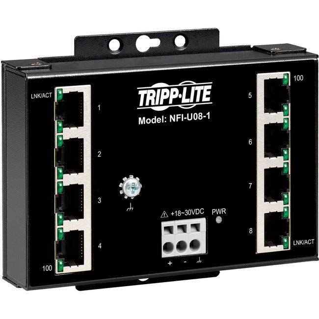 Tripp Lite by Eaton 8-Port Unmanaged Fast Industrial Ethernet Switch 10/100 Mbps Ruggedized -40Â&deg; to 75Â&deg;C DIN/Wall Mount - TAA Compliant - NFI-U08-1