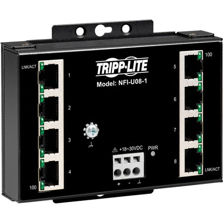 Tripp Lite by Eaton 8-Port Unmanaged Fast Industrial Ethernet Switch 10/100 Mbps Ruggedized -40Â&deg; to 75Â&deg;C DIN/Wall Mount - TAA Compliant - NFI-U08-1