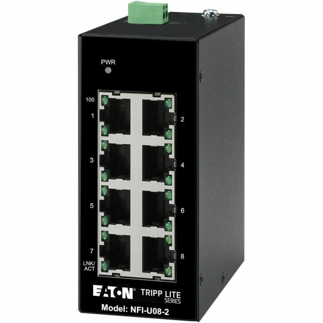 Eaton Tripp Lite Series 8-Port Unmanaged Industrial Ethernet Switch - 10/100 Mbps, Ruggedized, -40&deg; to 75&deg;C, DIN Mount, TAA - NFI-U08-2