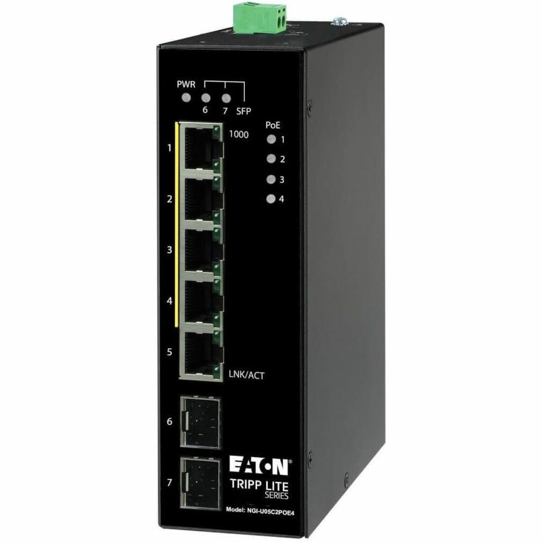 Eaton Tripp Lite Series 5-Port Unmanaged Industrial Gigabit Ethernet Switch - 10/100/1000 Mbps, PoE+ 30W, -10&deg; to 60&deg;C, 2 GbE SFP Slots, DIN Mount, TAA - NGI-U05C2POE4