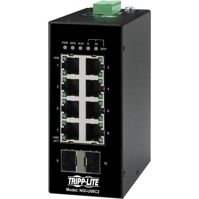 Tripp Lite by Eaton 8-Port Unmanaged Industrial Gigabit Ethernet Switch 10/100/1000 Mbps 2 GbE SFP Slots -40Â&deg; to 75Â&deg;C DIN Mount - TAA Compliant - NGI-U08C2