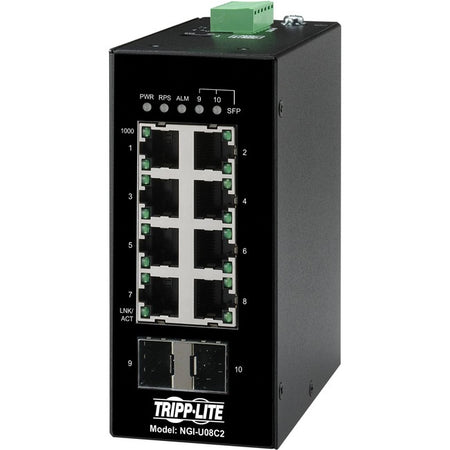 Tripp Lite by Eaton 8-Port Unmanaged Industrial Gigabit Ethernet Switch 10/100/1000 Mbps 2 GbE SFP Slots -40Â&deg; to 75Â&deg;C DIN Mount - TAA Compliant - NGI-U08C2