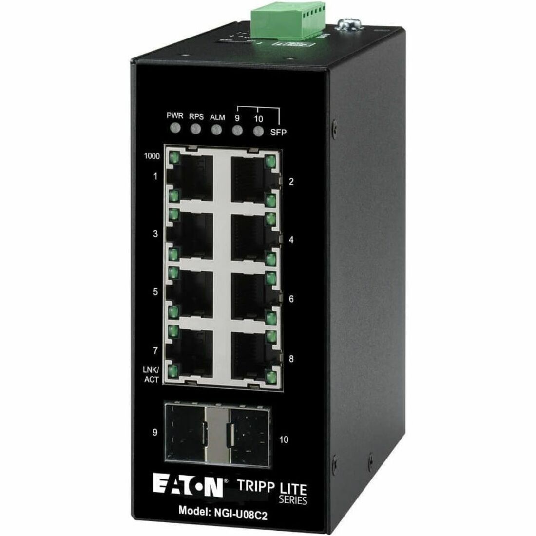 Tripp Lite by Eaton 8-Port Unmanaged Industrial Gigabit Ethernet Switch 10/100/1000 Mbps 2 GbE SFP Slots -40Â&deg; to 75Â&deg;C DIN Mount - NGI-U08C2