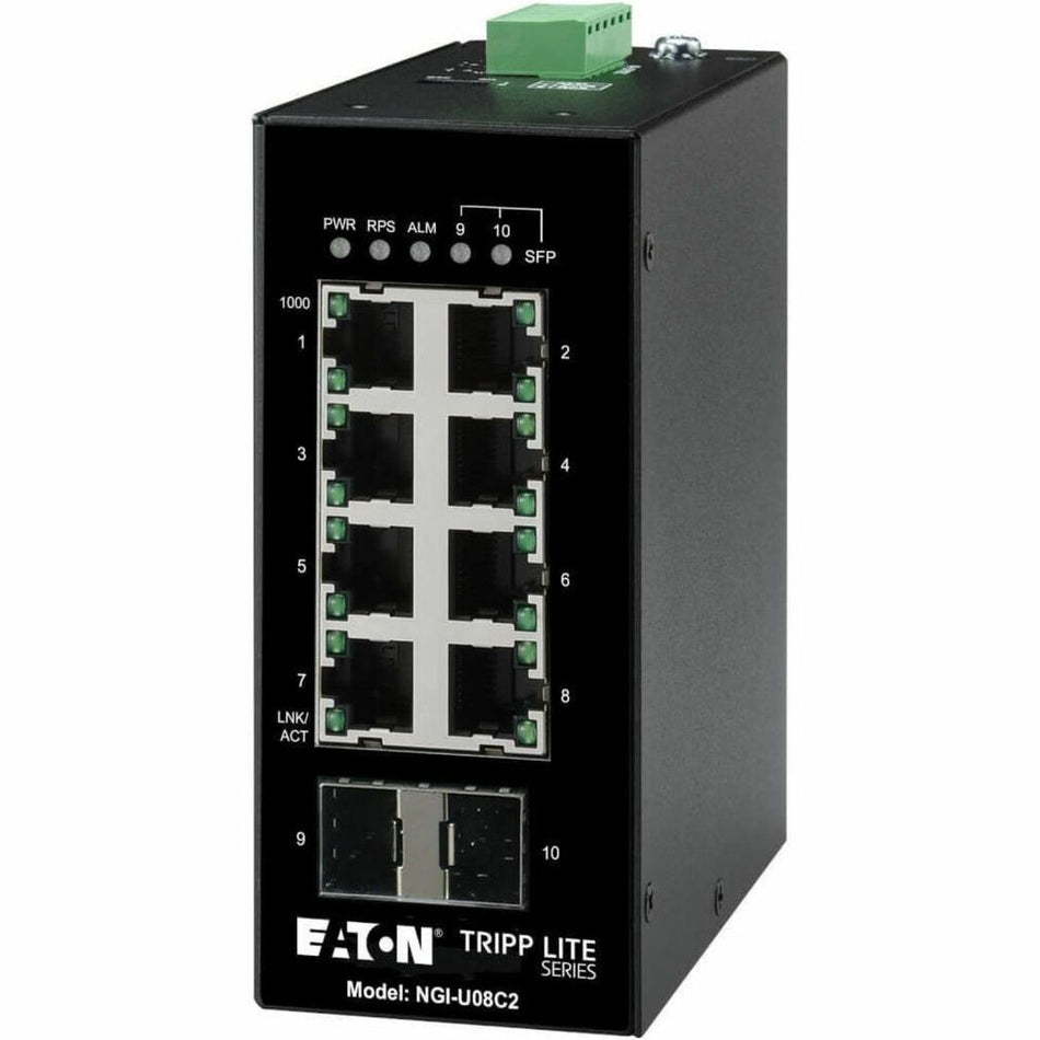 Tripp Lite by Eaton 8-Port Unmanaged Industrial Gigabit Ethernet Switch 10/100/1000 Mbps 2 GbE SFP Slots -40Â&deg; to 75Â&deg;C DIN Mount - NGI-U08C2