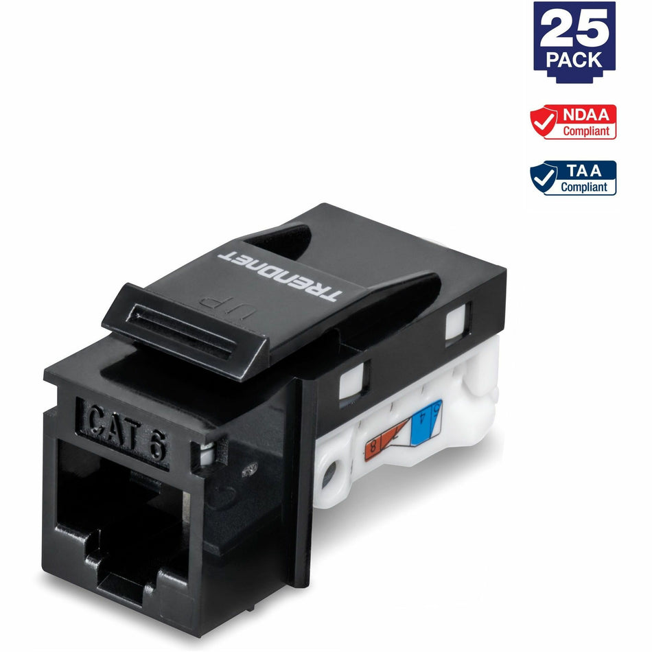 TRENDnet Cat6 Keystone Jack, 25-Pack Bundle, 90&deg; Angle Termination, Compatible with Cat5, Cat5e, & Cat6 Cabling, Color-Coded Labeling for T568B Wiring, Gold-Plated Contacts, Black, TC-K25C6BK - TC-K25C6BK