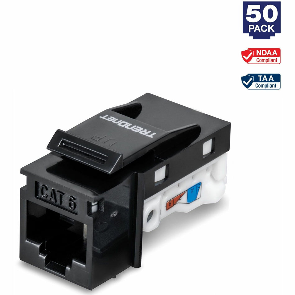 TRENDnet Cat6 RJ45 Keystone Jack 50-Pack Bundle, Compatible With Cat5,Cat5e,Cat6 Cabling, Use With The TC-KP24 Or TC-KP48 Blank Keystone Patch Panels (Sold Separately), Black, TC-K50C6BK - TC-K50C6BK