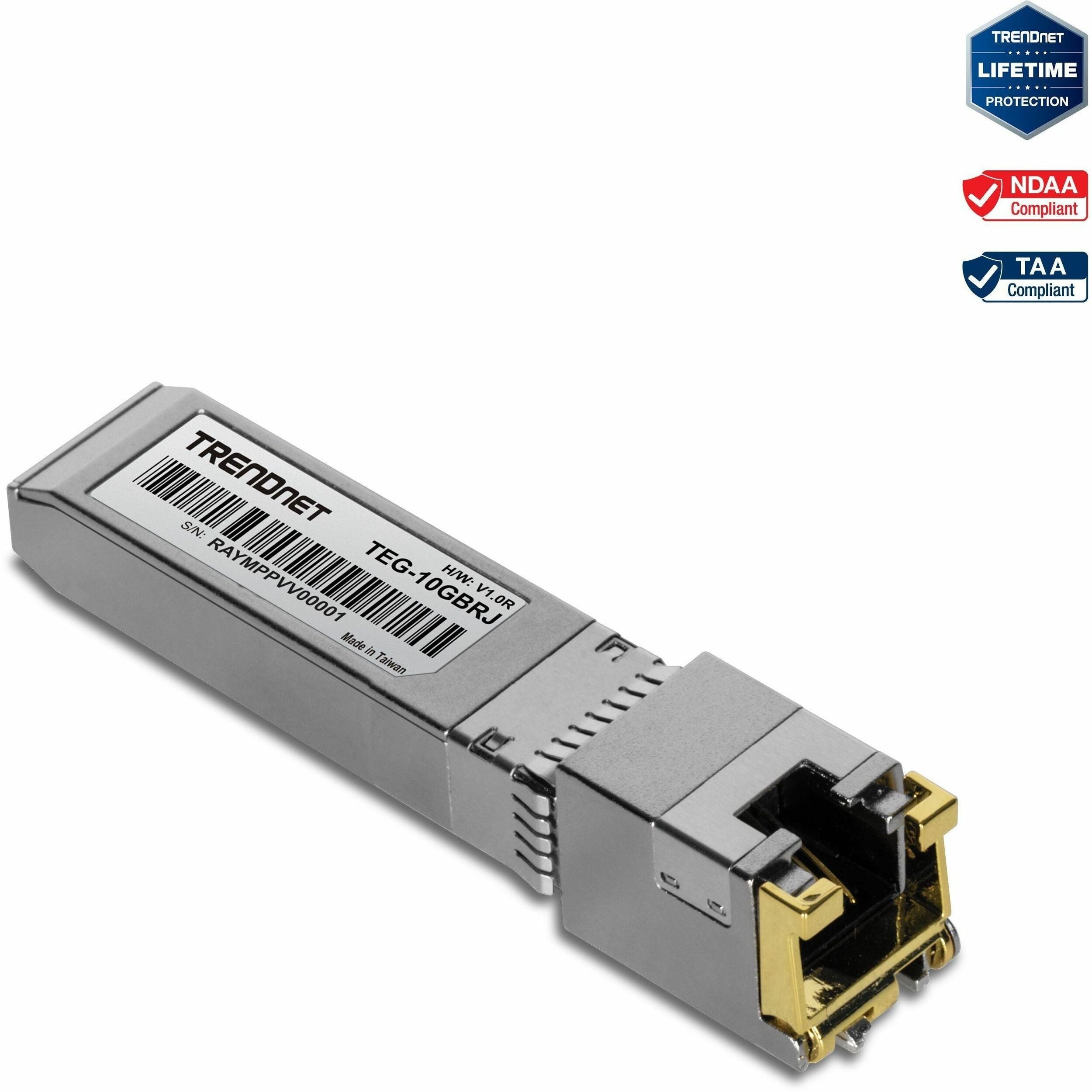 TRENDnet 10G RJ-45 Copper SFP+ Module, Convert A Standard SFP+ Slot Into A RJ-45 Multi-Gigabit Port, Connect Devices Up To 30m (98ft), Hot-Pluggable, Lifetime Protection, Silver, TEG-10GBRJ - TEG-10GBRJ
