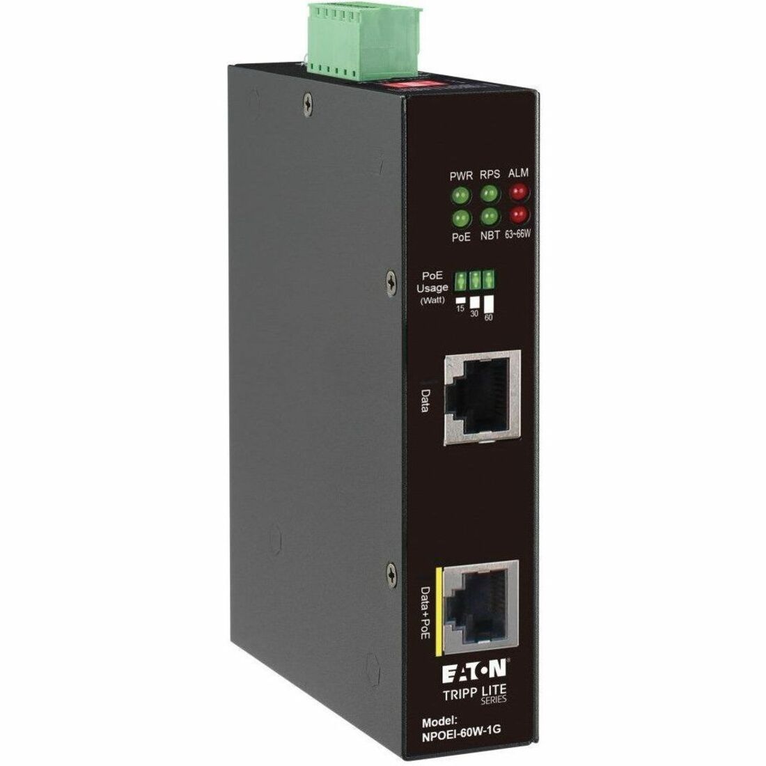 Tripp Lite by Eaton Industrial Gigabit Ethernet PoE injector 60W PoE++ 802.3bt Midspan -40&acirc;"? to +75&acirc;"? IP30 housing Dual 24-57VDC DIN rail 1 Port - NPOEI-60W-1G