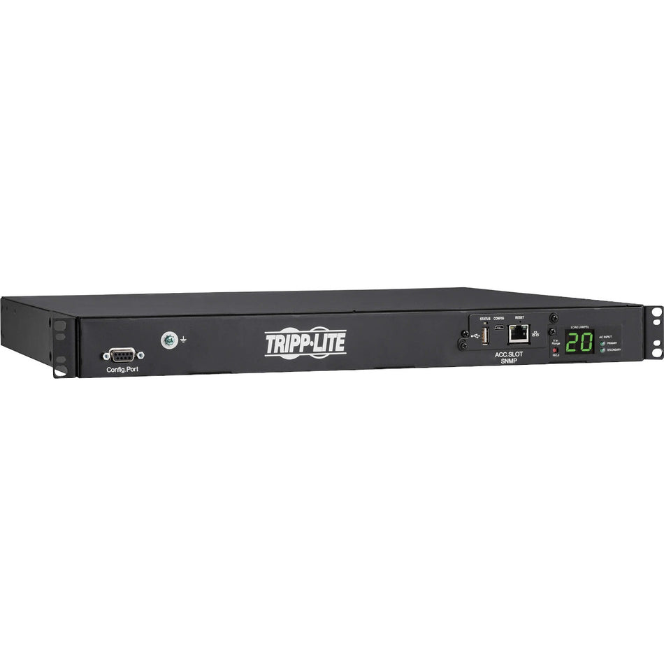 Tripp Lite by Eaton 3.8kW 200-240V Single-Phase ATS/Monitored PDU - 8 C13 and 2 C19 Outlets, Dual C20 Inlets, 12 ft. Cords, Network Card, 1U, TAA - PDUMNH20HVAT1