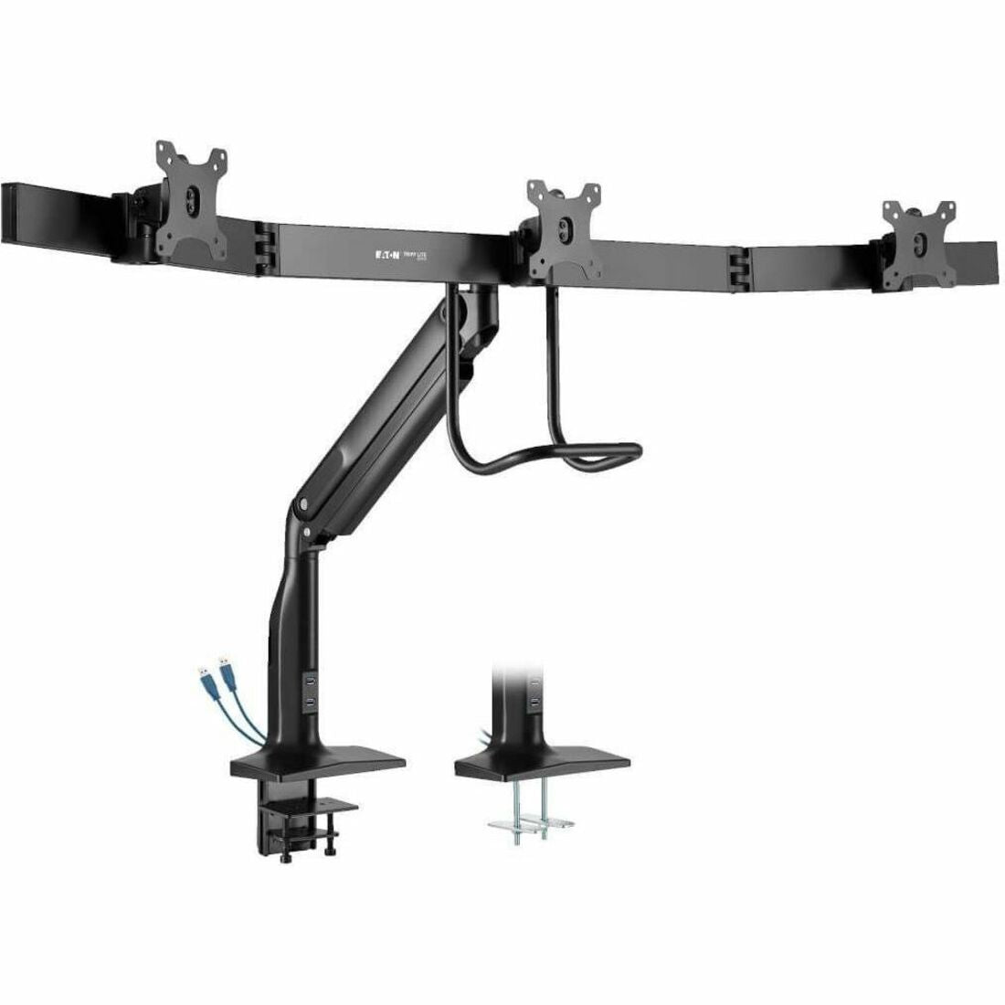 Eaton Tripp Lite Series Safe-IT Precision-Placement Triple-Display Desk Clamp/Grommet with premium gas spring arm and Antimicrobial Tape for 17" to 32" Displays - DMPDT1732AM