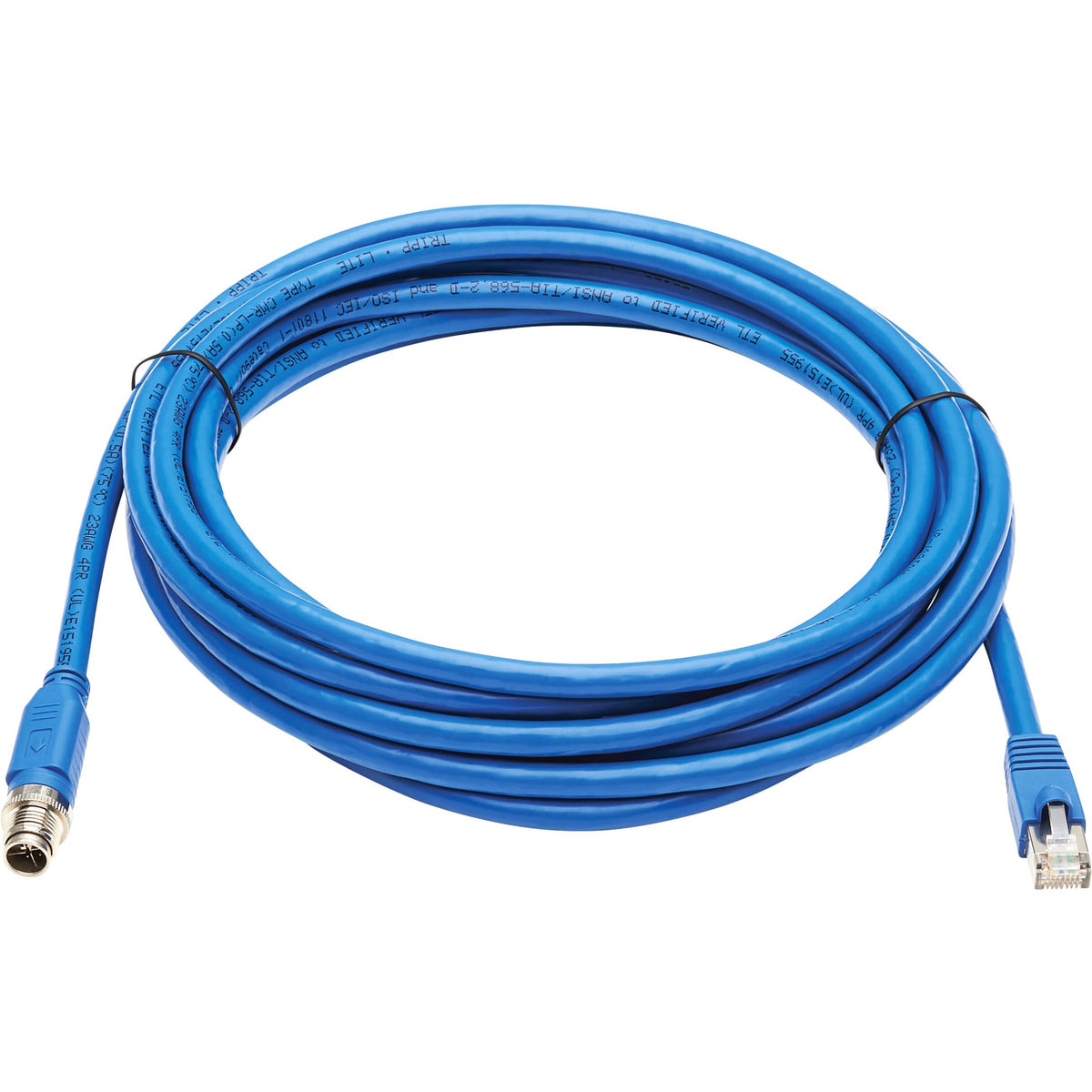 Eaton Tripp Lite Series M12 X-Code Cat6a 10G F/UTP CMR-LP Shielded Ethernet Cable (M12 M/RJ45 M), IP68, PoE, Blue, 10 m (32.8 ft.), TAA - NM12-6A2-10M-BL