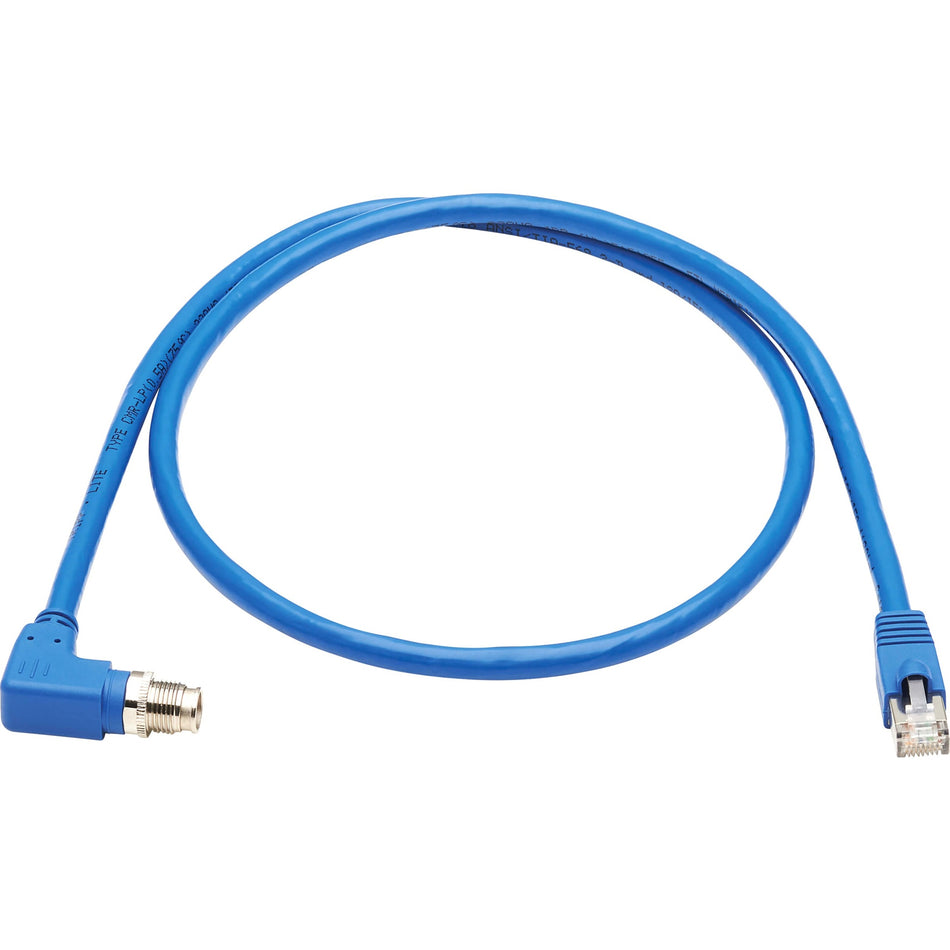 Eaton Tripp Lite Series M12 X-Code Cat6a 10G F/UTP CMR-LP Shielded Ethernet Cable (Right-Angle M12 M/RJ45 M), IP68, PoE, Blue, 1 m (3.3 ft.), TAA - NM12-6A4-01M-BL