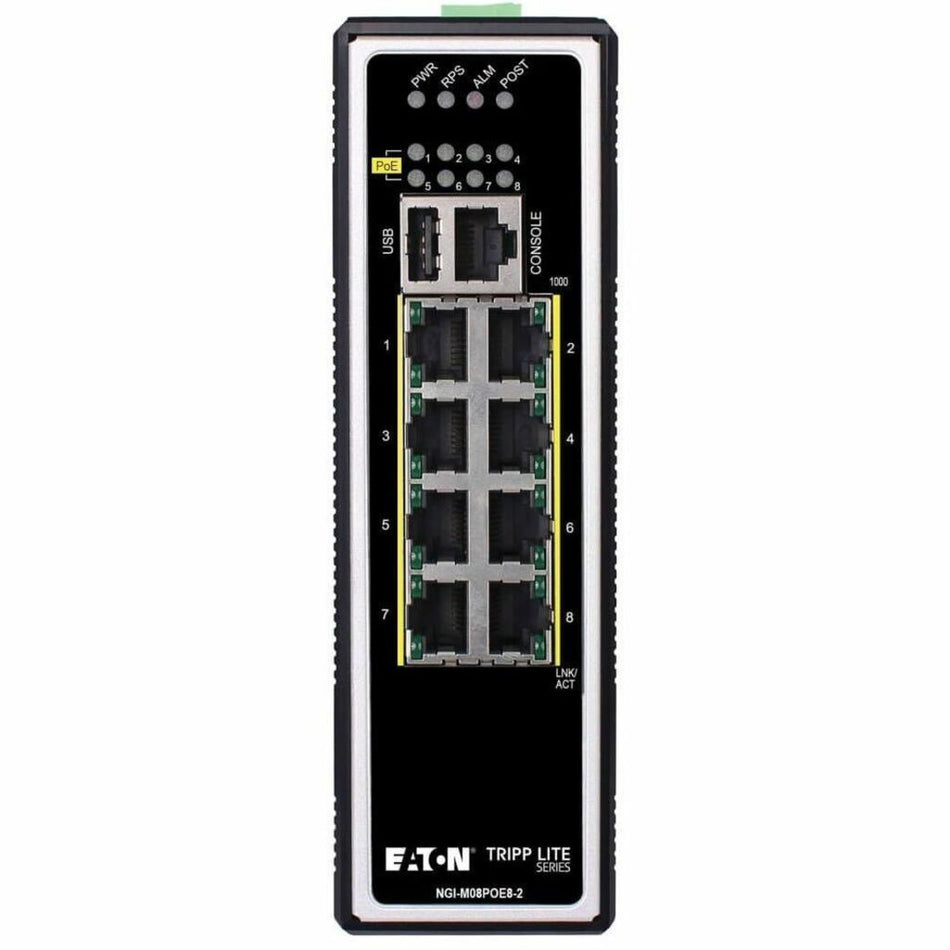 Eaton Tripp Lite Series 8-Port Managed Industrial Gigabit Ethernet Switch - Layer 2, 1 Gbps, PoE+ 30W, -40&deg; to 75&deg;C, DIN Mount, TAA - NGI-M08POE8-L2