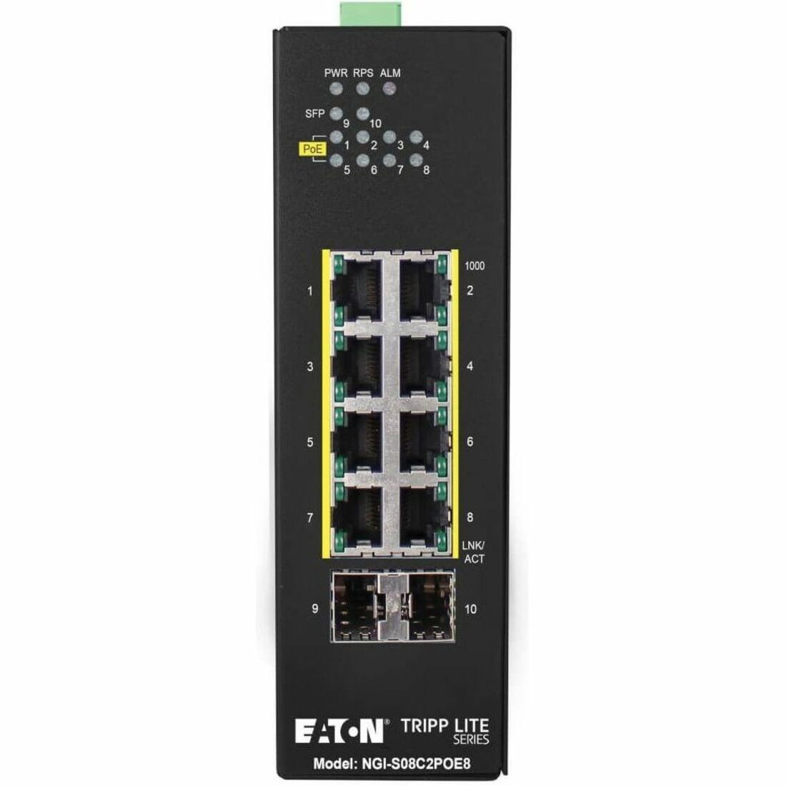 Eaton Tripp Lite Series 8-Port Lite Managed Industrial Gigabit Ethernet Switch - 10/100/1000 Mbps, PoE+ 30W, 2 GbE SFP Slots, -10&deg; to 60&deg;C, DIN Mount, TAA - NGI-S08C2POE8