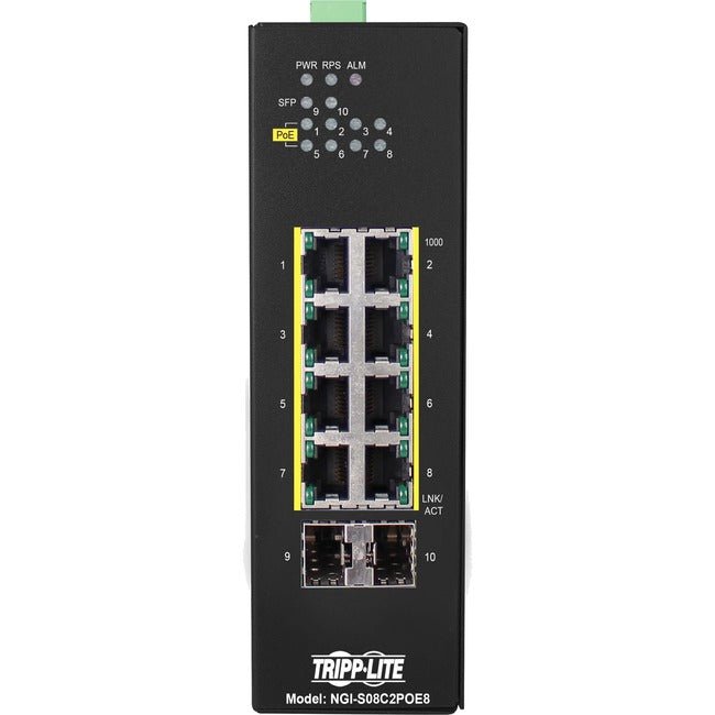 Tripp Lite by Eaton 8-Port Lite Managed Industrial Gigabit Ethernet Switch - 10/100/1000 Mbps, PoE+ 30W, 2 GbE SFP Slots, -10Â&deg; to 60Â&deg;C, DIN Mount - TAA Compliant - NGI-S08C2POE8