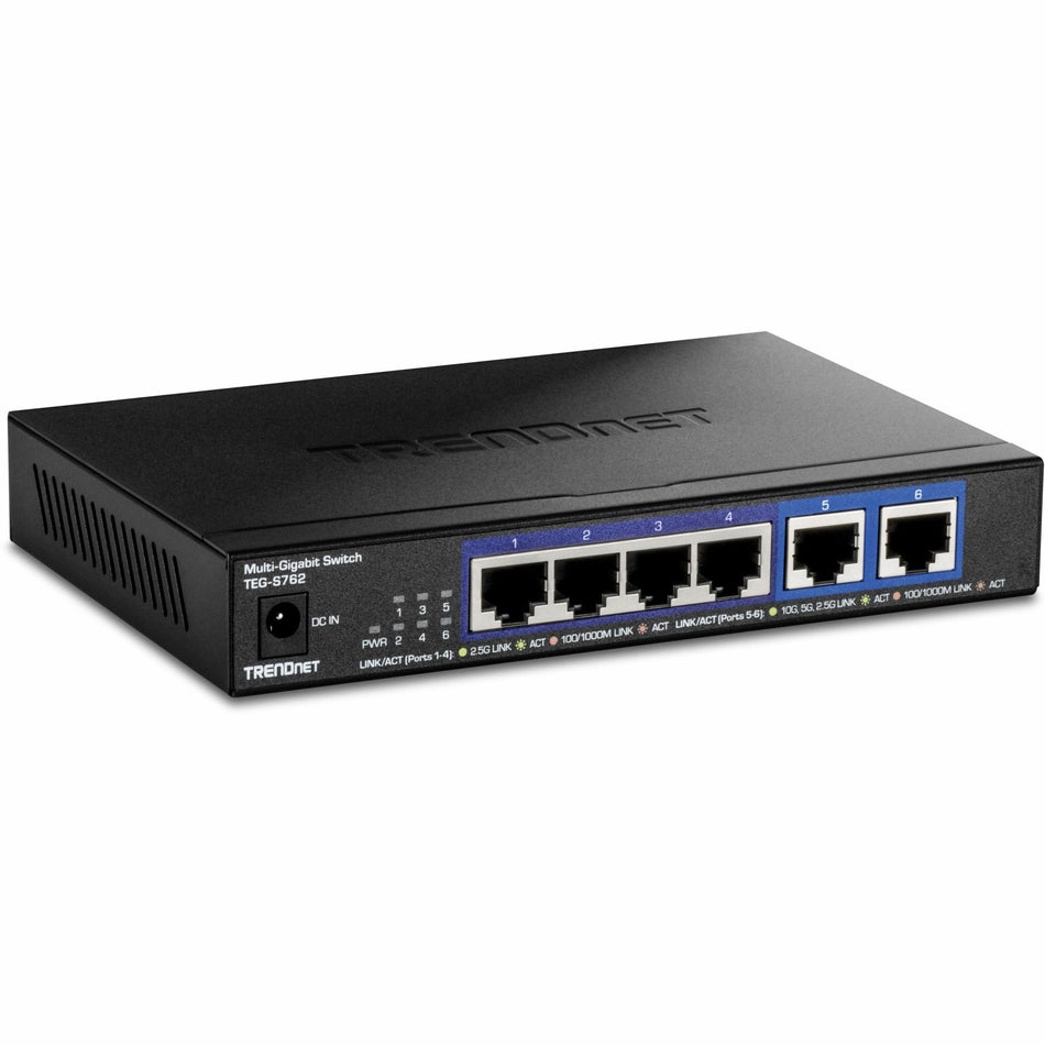 TRENDnet 6-Port 10G Switch, 4 x 2.5G RJ-45 Base-T Ports, 2 x 10G RJ-45 Ports, 60Gbps Switching Capacity, Wall Mountable, 10 Gigabit Network Connections, Lifetime Protection, Black, TEG-S762 - TEG-S762