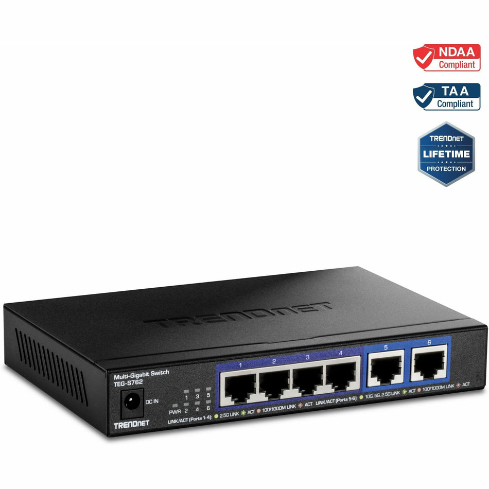 TRENDnet 6-Port 10G Switch, 4 x 2.5G RJ-45 Base-T Ports, TEG-S762, 2 x 10G RJ-45 Ports, 60Gbps Switching Capacity, Wall Mountable, Ethernet Splitter, NDAA & TAA Compliant, Lifetime Protection, Black - TEG-S762