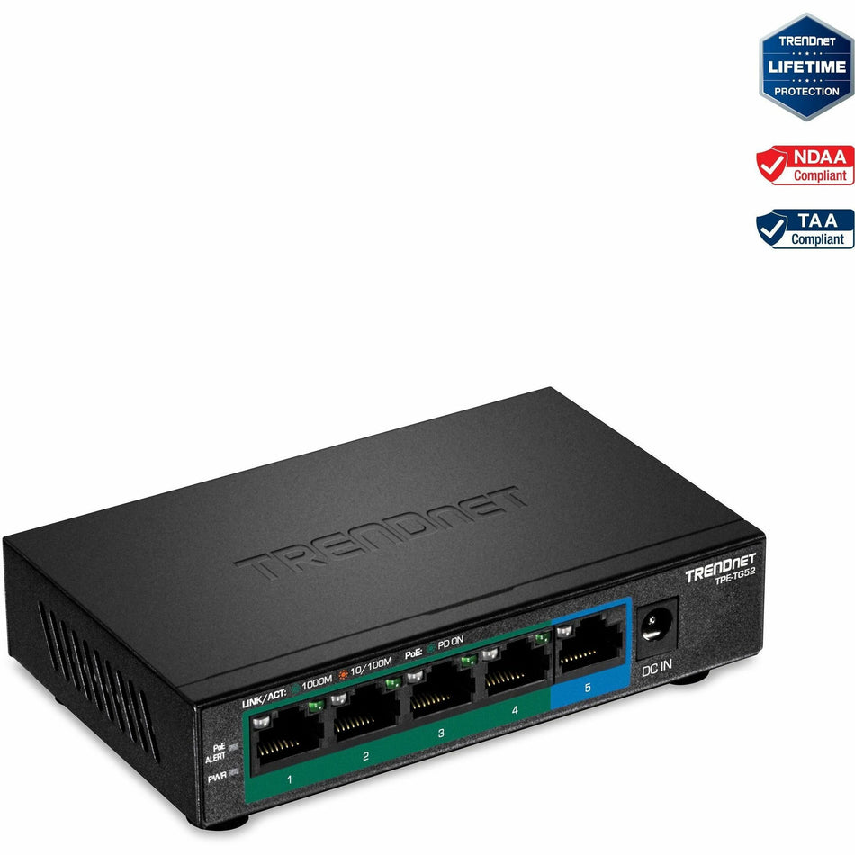 TRENDnet 5-Port Gigabit PoE+ Switch, 32W PoE Power Budget, 10Gbps Switching Capacity, IEEE 802.1p QoS, DSCP Pass-Through Support, Fanless, Wall Mountable, Lifetime Protection, Black, TPE-TG52 - TPE-TG52