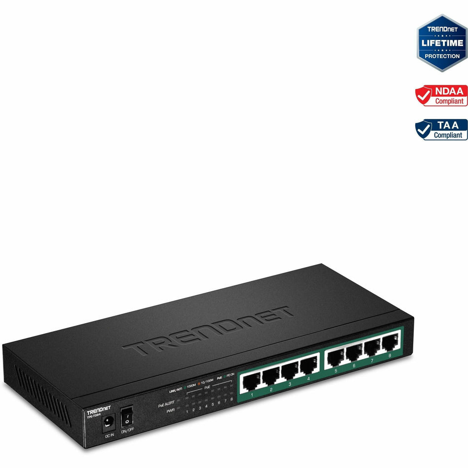 TRENDnet 8-Port Gigabit PoE+ Switch, 120W PoE Power Budget, 16Gbps Switching Capacity, IEEE 802.1p QoS, DSCP Pass-Through Support, Fanless, Wall Mountable, Lifetime Protection, Black, TPE-TG84 - TPE-TG84