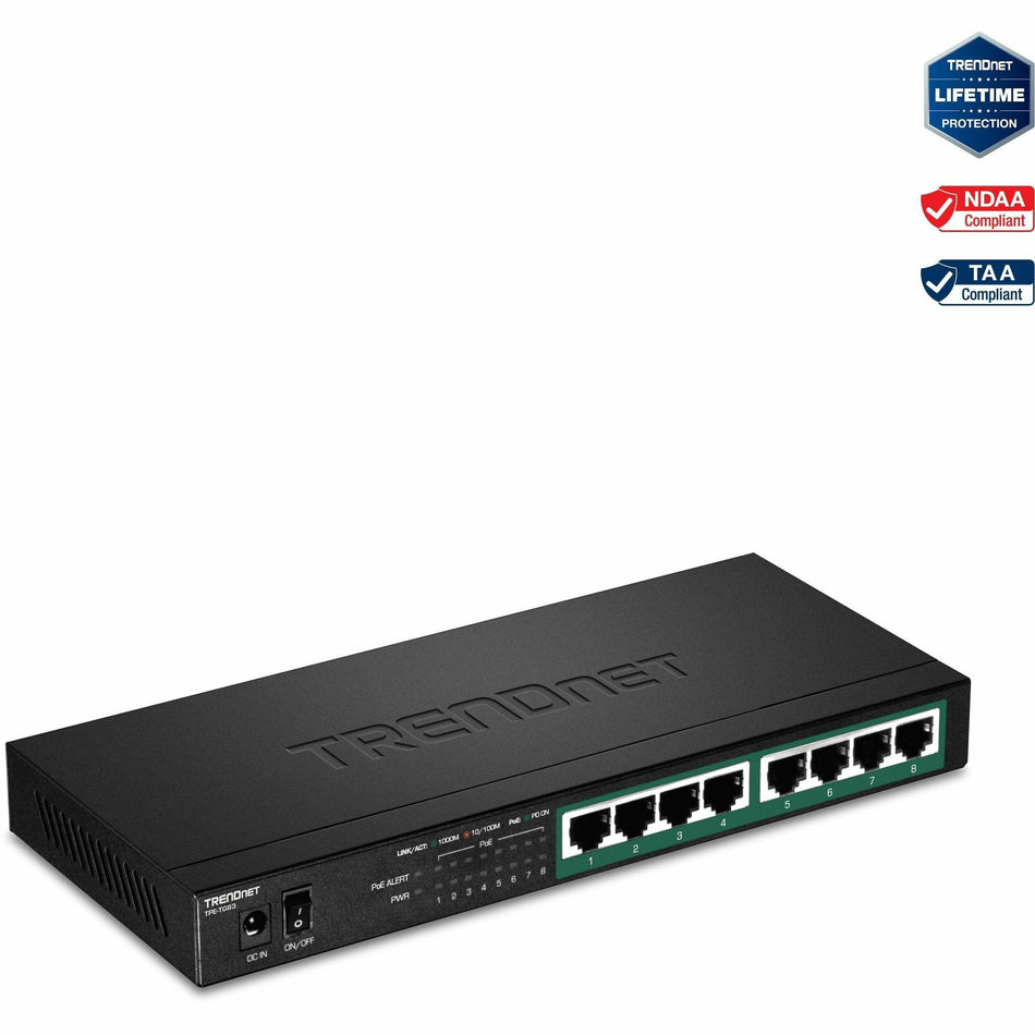 TRENDnet 8-Port Gigabit PoE+ Switch, 65W PoE Power Budget, 16Gbps Switching Capacity, IEEE 802.1p QoS, DSCP Pass-Through Support, Fanless, Wall Mountable, Lifetime Protection, Black, TPE-TG83 - TPE-TG83