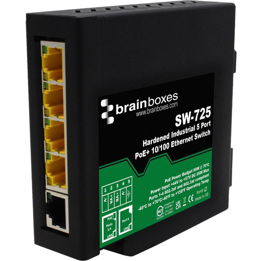 Brainboxes Hardened Industrial 5 Port PoE+ 10/100 Ethernet Switch - SW-725