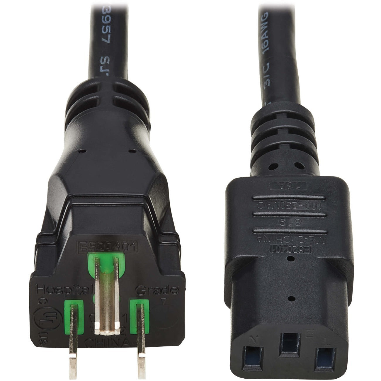 Eaton Tripp Lite Series Safe-IT Antibacterial Hospital-Grade Power Cord, 5-15P to C13 - Green Dot, 13A, 125V, 16 AWG, Black, 8 ft. Coiled Cord (2.4 m) - P006AB-C08-HG