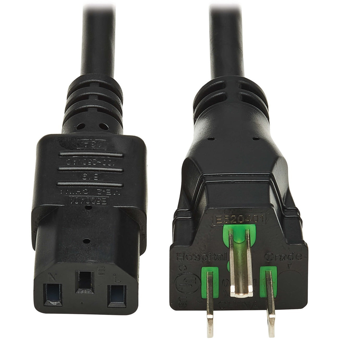 Eaton Tripp Lite Series Safe-IT Antibacterial Hospital-Grade Power Cord, 5-15P to C13 - Green Dot, 13A, 125V, 16 AWG, Black, 10 ft. (3 m) - P006AB-010-HG