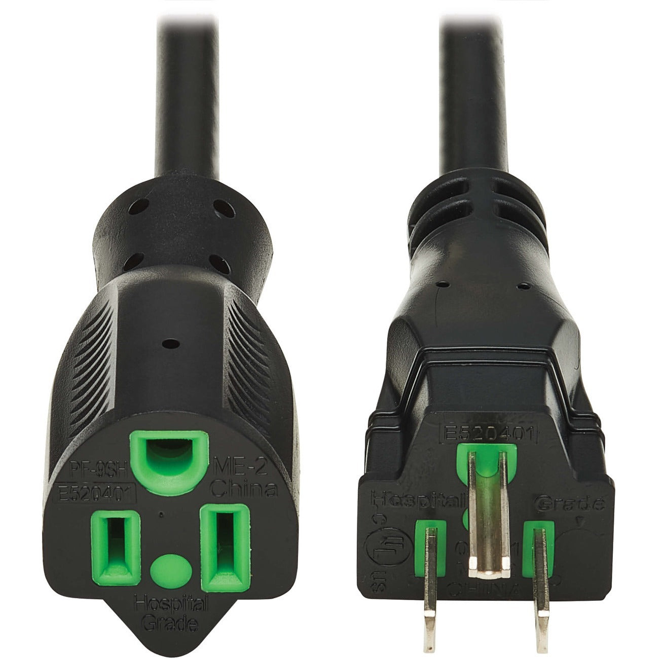 Eaton Tripp Lite Series Safe-IT Antibacterial Hospital-Grade Extension Cord, 5-15P to 5-15R - Green Dot, 13A, 125V, 16 AWG, Black, 10 ft. (3 m) - P022AB-010-HG