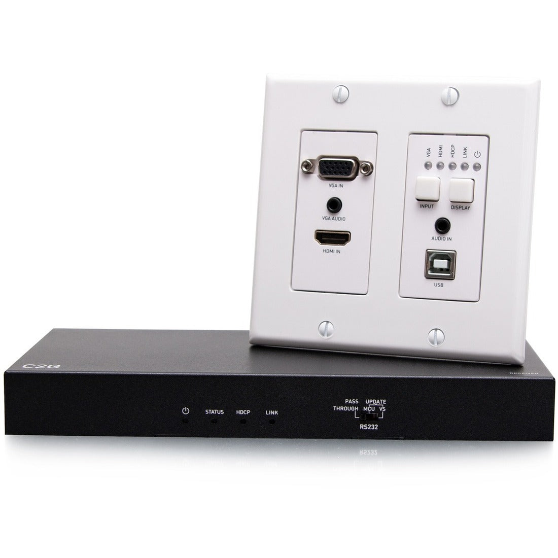 C2G HDMI HDBaseT + VGA, 3.5mm, and USB-B to A over Cat Extender Wall Plate Transmitter to Box Receiver - 4K 60Hz - C2G31012