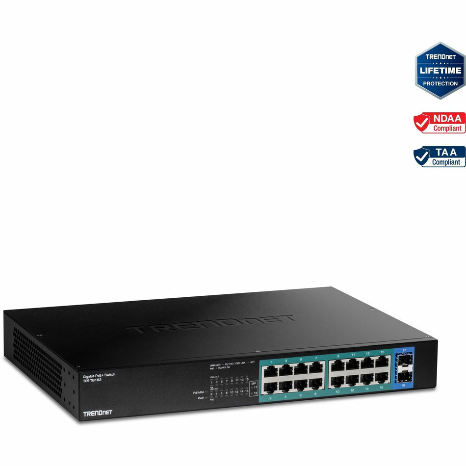 TRENDnet 18-Port Gigabit PoE+ Switch, 16 x 30W PoE+ Ports, 2 Gigabit SFP Slots, 240W PoE Budget, 36Gbps Switching Capacity, 1U 19" Rack Mountable, Lifetime Protection, Black, TPE-TG182 - TPE-TG182