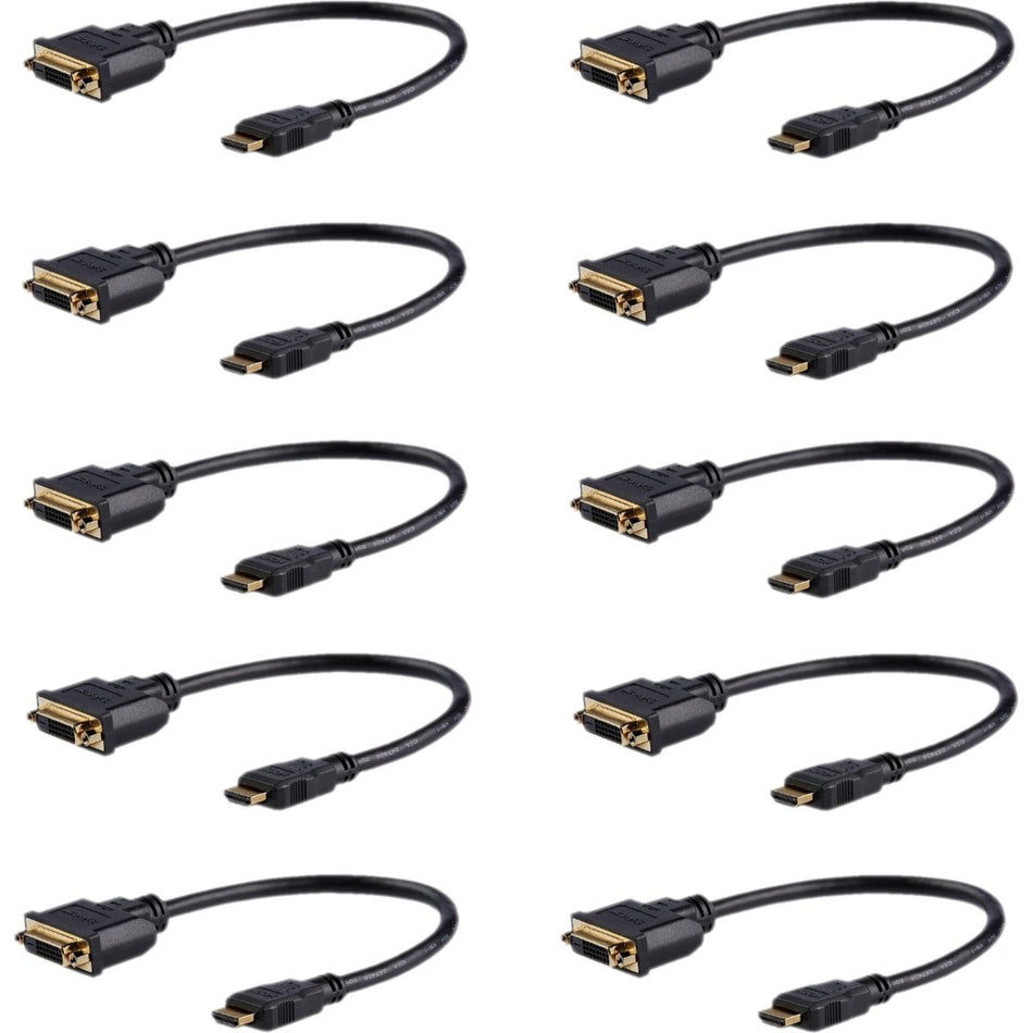 StarTech.com 8in (20cm) HDMI to DVI Adapter, DVI-D to HDMI (1920x1200p), 10 Pack, HDMI Male to DVI-D Female Cable, HDMI to DVI Cord, Black - HDDVIMF8IN10PK