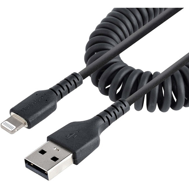 StarTech.com 1m (3ft) USB to Lightning Cable, MFi Certified, Coiled iPhone Charger Cable, Black, Durable TPE Jacket Aramid Fiber - RUSB2ALT1MBC