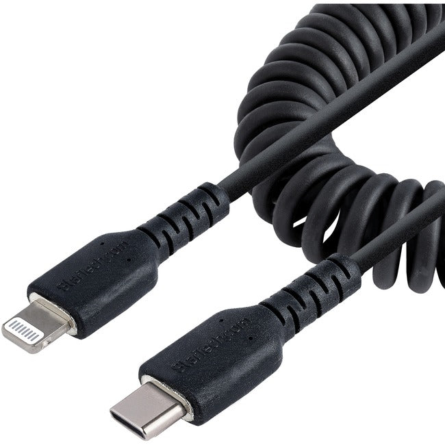 StarTech.com 1m (3ft) USB C to Lightning Cable, MFi Certified, Coiled iPhone Charger Cable, Black, Durable TPE Jacket Aramid Fiber - RUSB2CLT1MBC