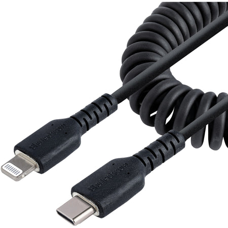 StarTech.com 50cm / 20in USB C to Lightning Cable, MFi Certified, Coiled iPhone Charger Cable, Black, TPE Jacket Aramid Fiber - RUSB2CLT50CMBC