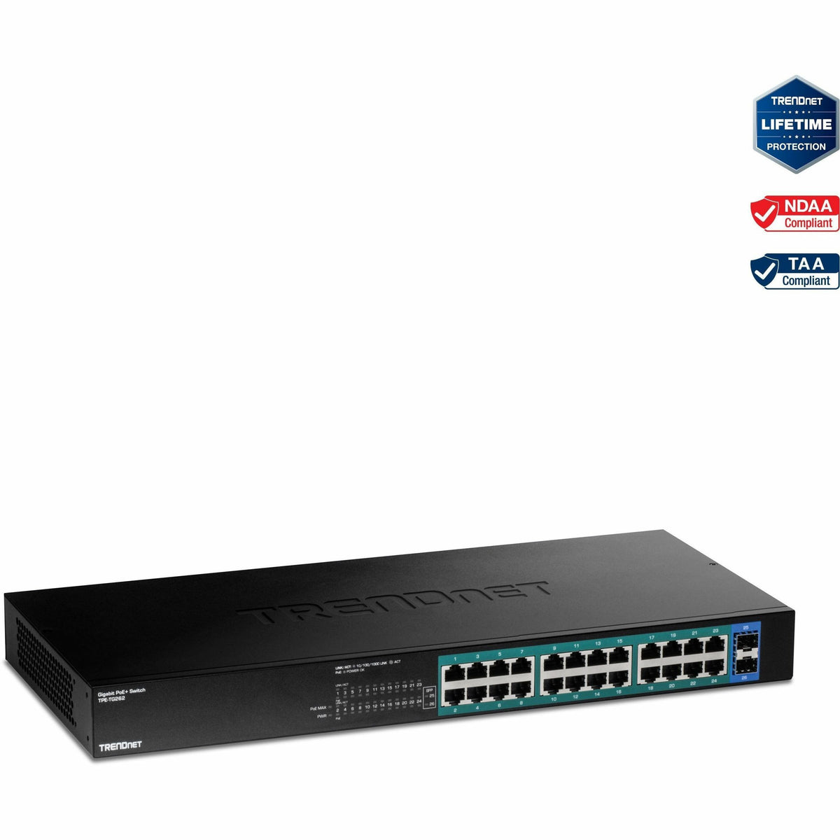 TRENDnet 26-Port Gigabit PoE+ Switch, 24 x 30W PoE+ Ports, 2 Gigabit SFP Slots, 380W PoE Budget, 52Gbps Switching Capacity, 1U 19" Rack Mountable, Lifetime Protection, Black, TPE-TG262 - TPE-TG262