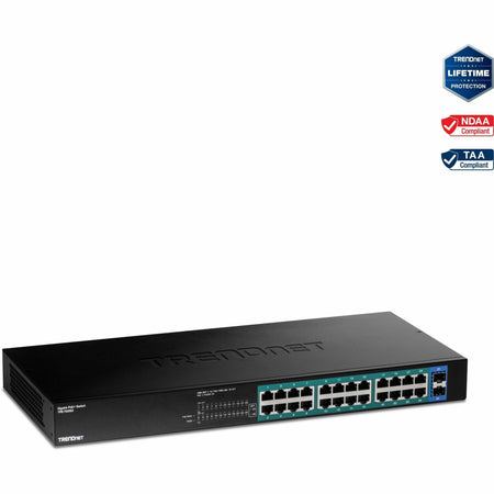 TRENDnet 26-Port Gigabit PoE+ Switch, 24 x 30W PoE+ Ports, 2 Gigabit SFP Slots, 380W PoE Budget, 52Gbps Switching Capacity, 1U 19" Rack Mountable, Lifetime Protection, Black, TPE-TG262 - TPE-TG262