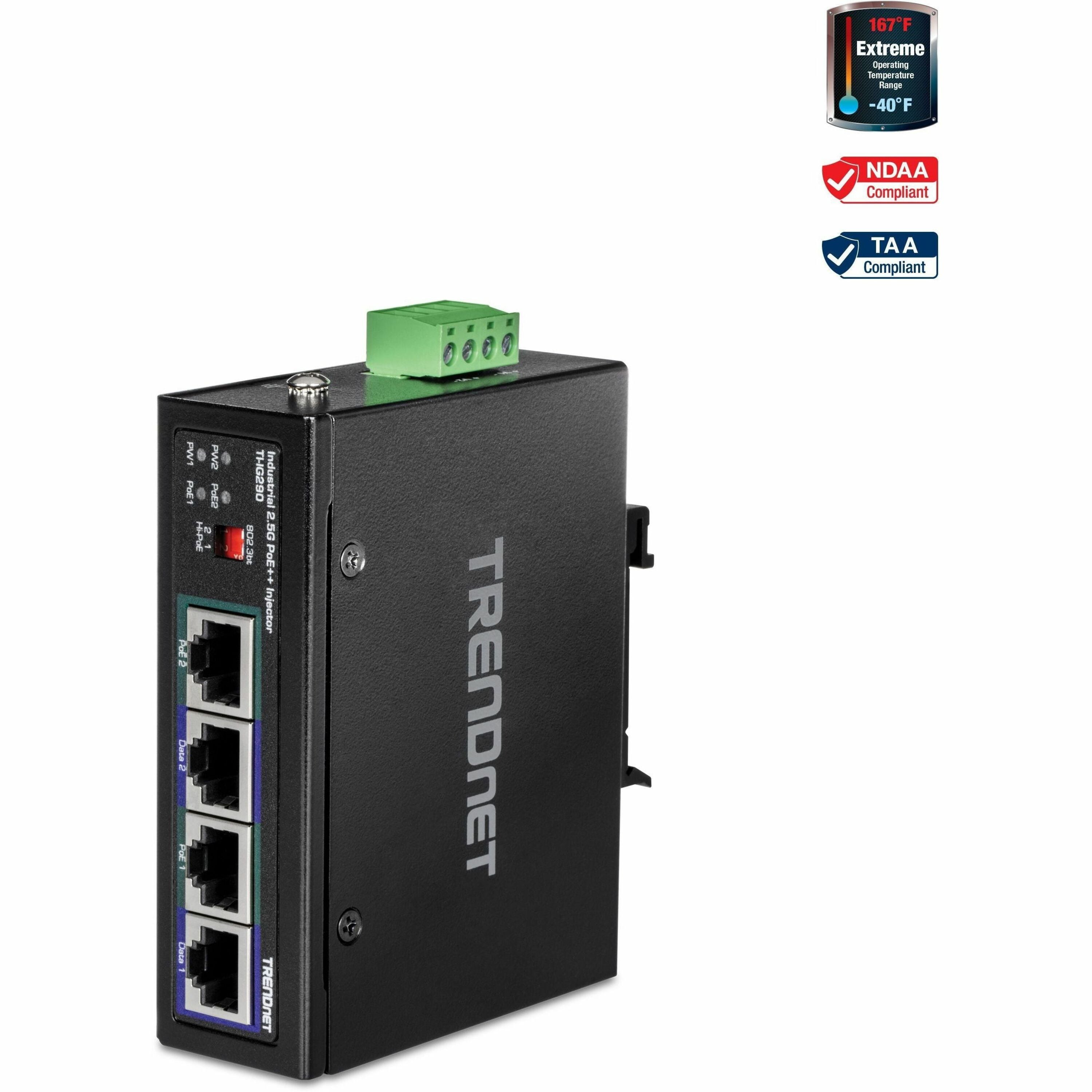 TRENDnet 95W 2-Port Industrial 2.5G PoE++ Injector, Supports PoE IEEE 802.3af, PoE+ IEEE 802.3at, And PoE++ IEEE 802.3bt, Not Compatible With Passive PoE Devices, Black, TI-IG290 - TI-IG290