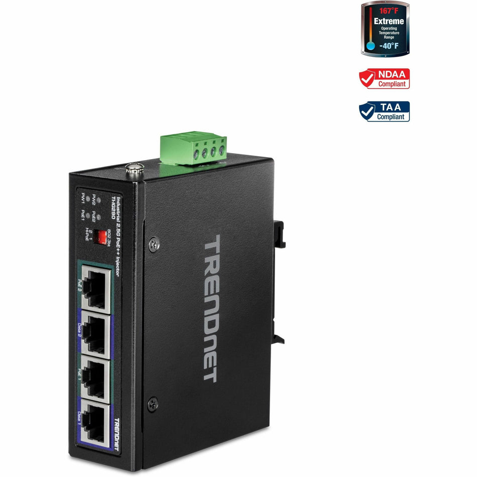 TRENDnet 95W 2-Port Industrial 2.5G PoE++ Injector, Supports PoE IEEE 802.3af, PoE+ IEEE 802.3at, And PoE++ IEEE 802.3bt, Not Compatible With Passive PoE Devices, Black, TI-IG290 - TI-IG290
