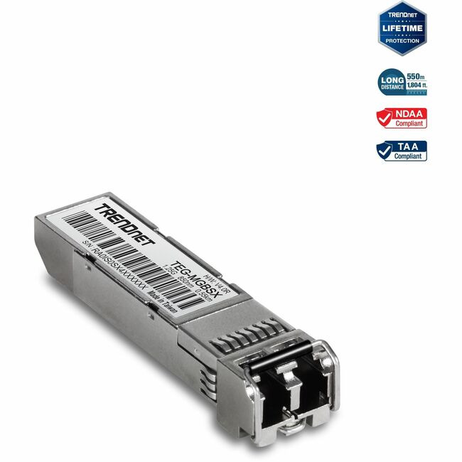 TRENDnet SFP Multi-Mode LC Module, Up To 550m (1800 Ft), Mini-GBIC, Hot Pluggable, IEEE 802.3z Gigabit Ethernet, Supports Up To 1.25 Gbps, Lifetime Protection, Silver, TEG-MGBSX - TEG-MGBSX