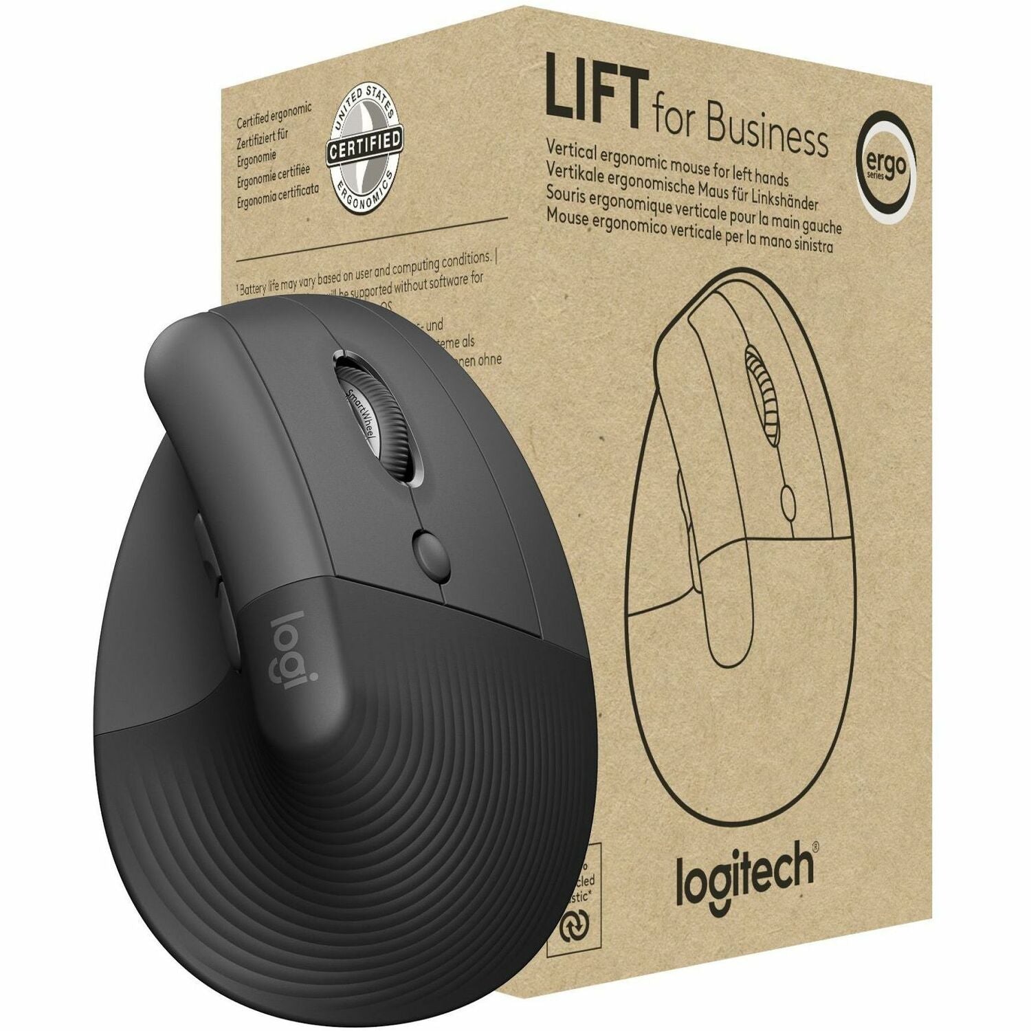 Logitech Lift for Business, Vertical Ergonomic Mouse, Wireless, Bluetooth, Logi Bolt USB, Quiet clicks, Graphite - 910-006491