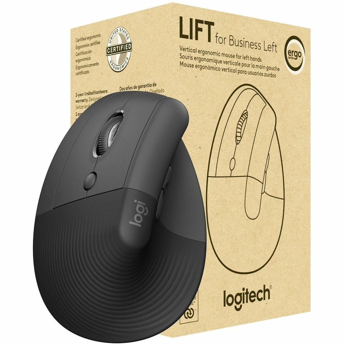 Logitech Lift for Business Left, Vertical Ergonomic Mouse - Left-handed, Wireless, Bluetooth or Secured Logi Bolt USB, Quiet clicks, Graphite - 910-006492